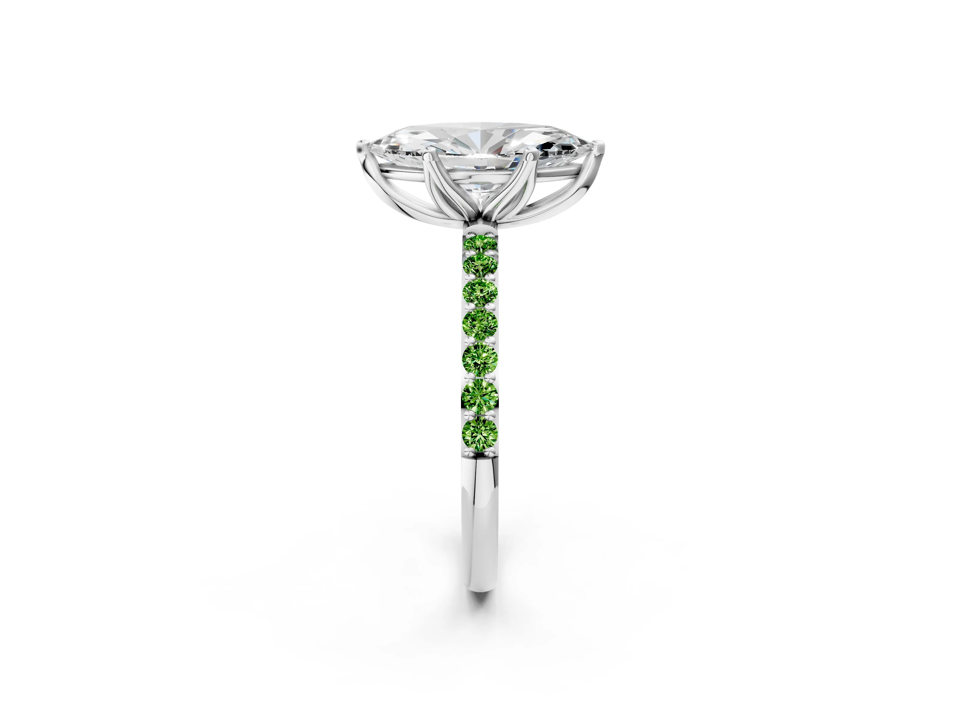 White gold Marquise Cut Diamond Solitaire Engagement Ring with Round with Peridot side stone Pavé Band and Prong Setting_14