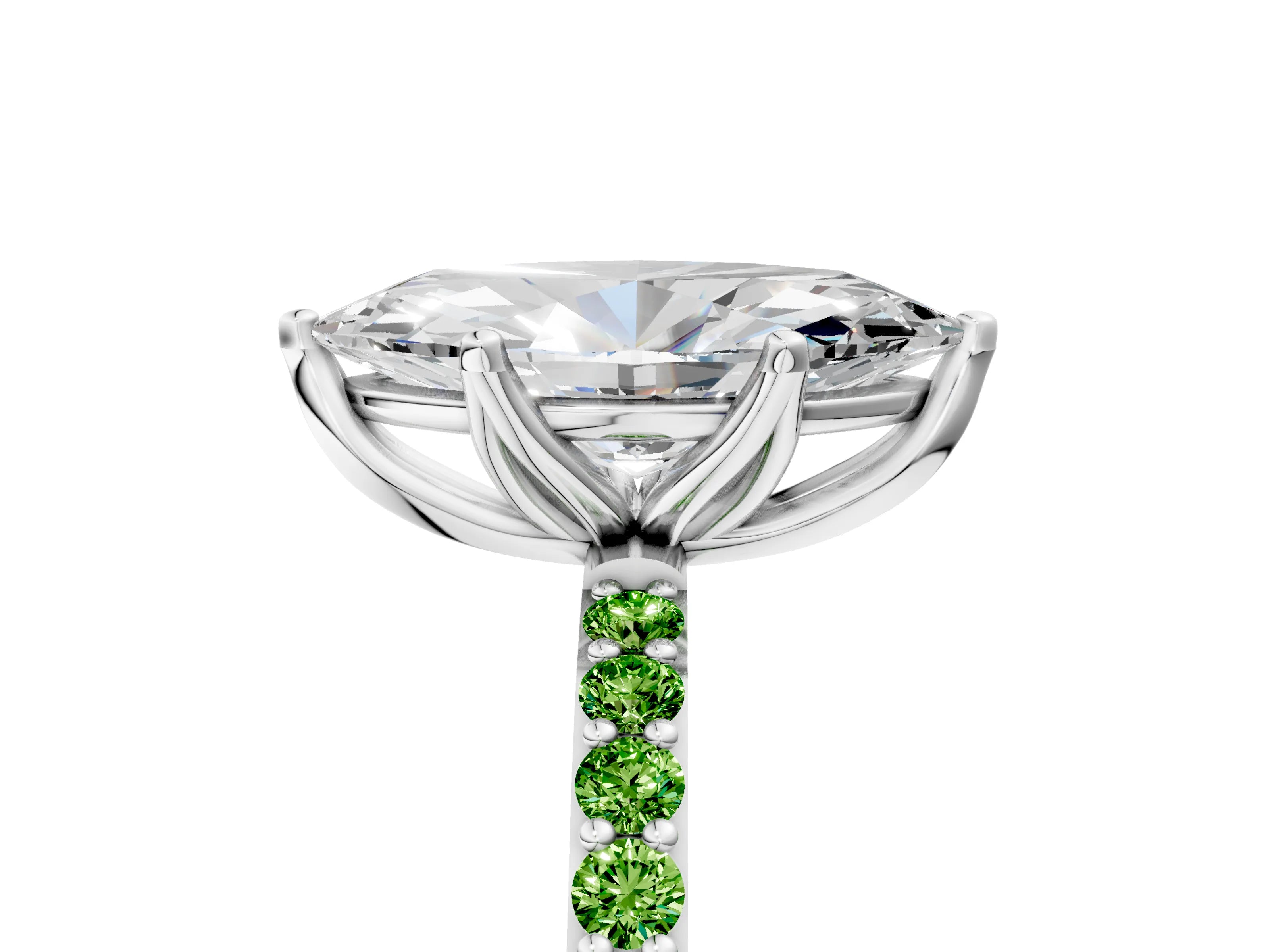 White gold Marquise Cut Diamond Solitaire Engagement Ring with Round with Peridot side stone Pavé Band and Prong Setting_5