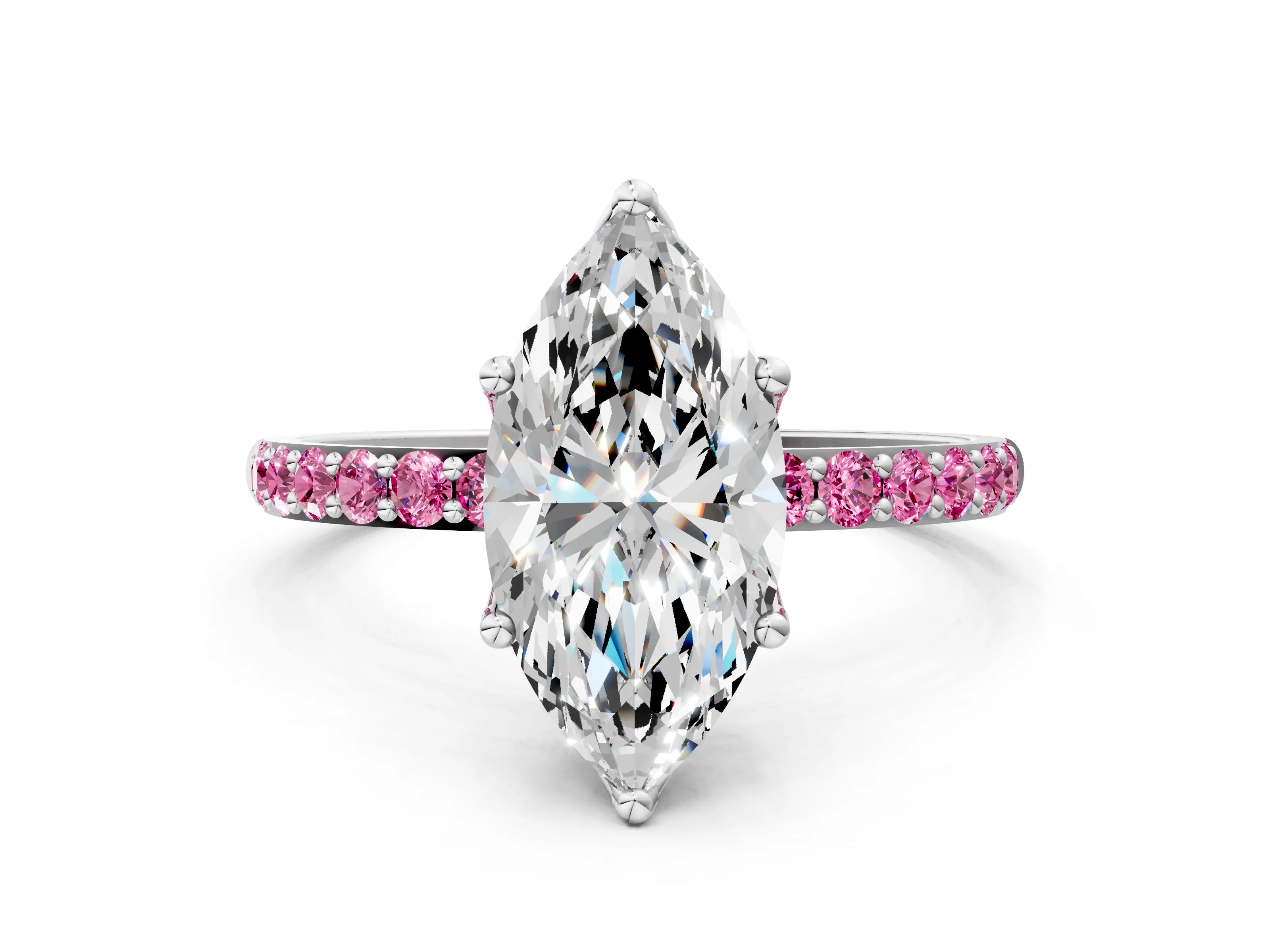 White gold Marquise Cut Diamond Solitaire Engagement Ring with Round with Pink Sapphire side stone Pavé Band and Prong Setting_12