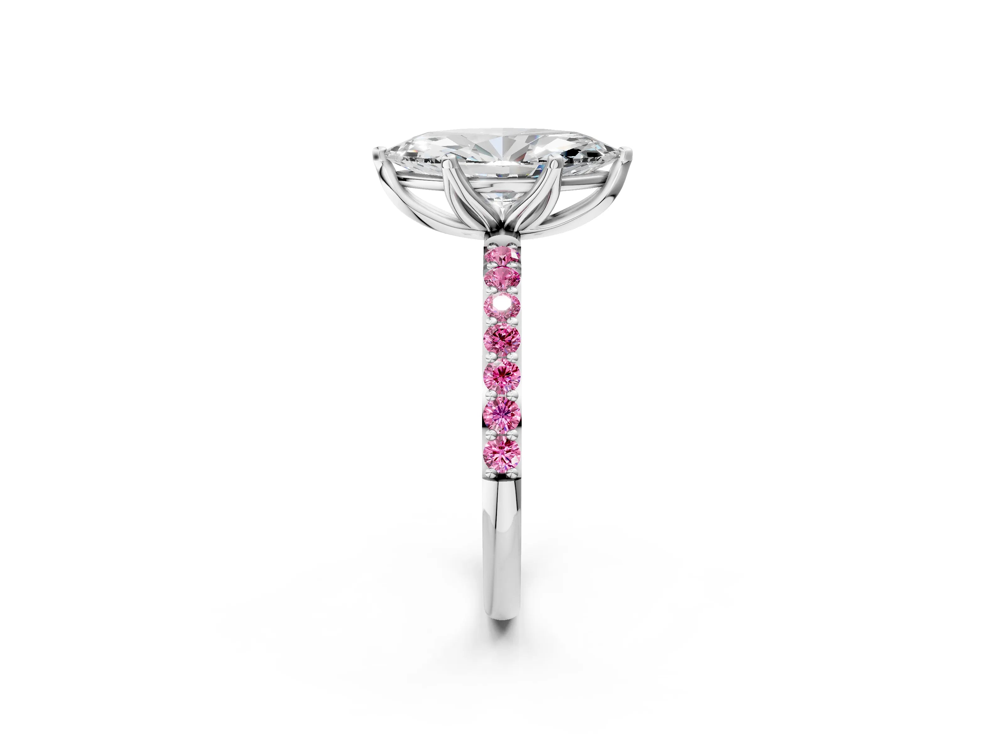 White gold Marquise Cut Diamond Solitaire Engagement Ring with Round with Pink Sapphire side stone Pavé Band and Prong Setting_14