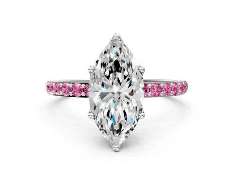 White gold Marquise Cut Diamond Solitaire Engagement Ring with Round with Pink Sapphire side stone Pavé Band and Prong Setting_24