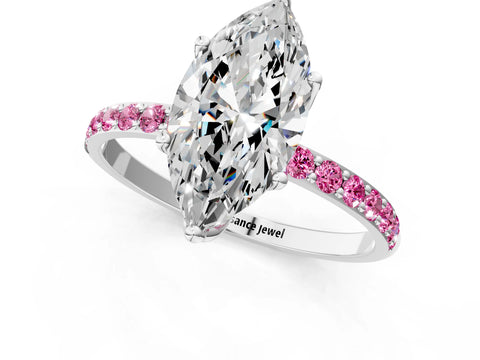 White gold Marquise Cut Diamond Solitaire Engagement Ring with Round with Pink Sapphire side stone Pavé Band and Prong Setting_25