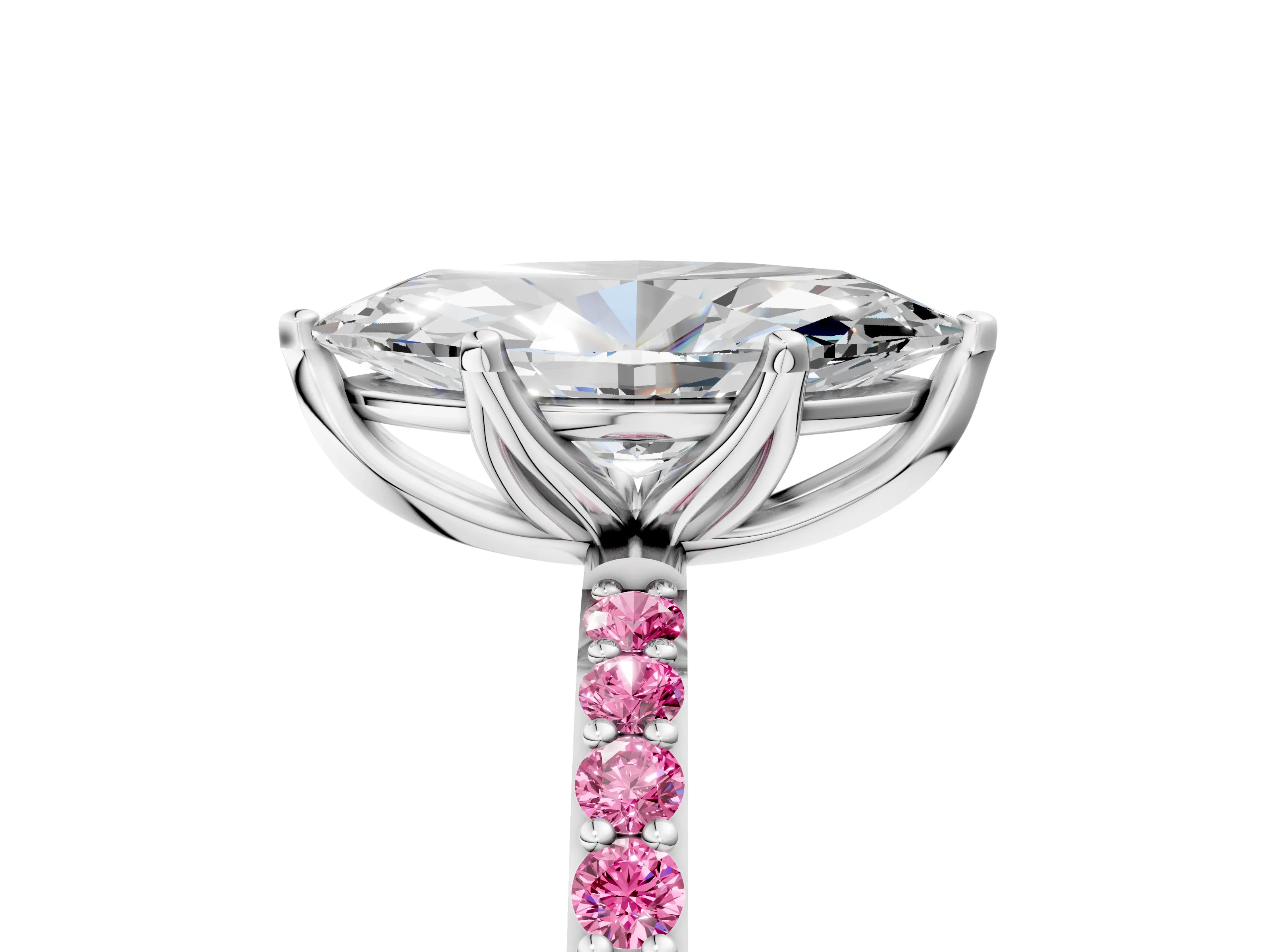 White gold Marquise Cut Diamond Solitaire Engagement Ring with Round with Pink Sapphire side stone Pavé Band and Prong Setting_29