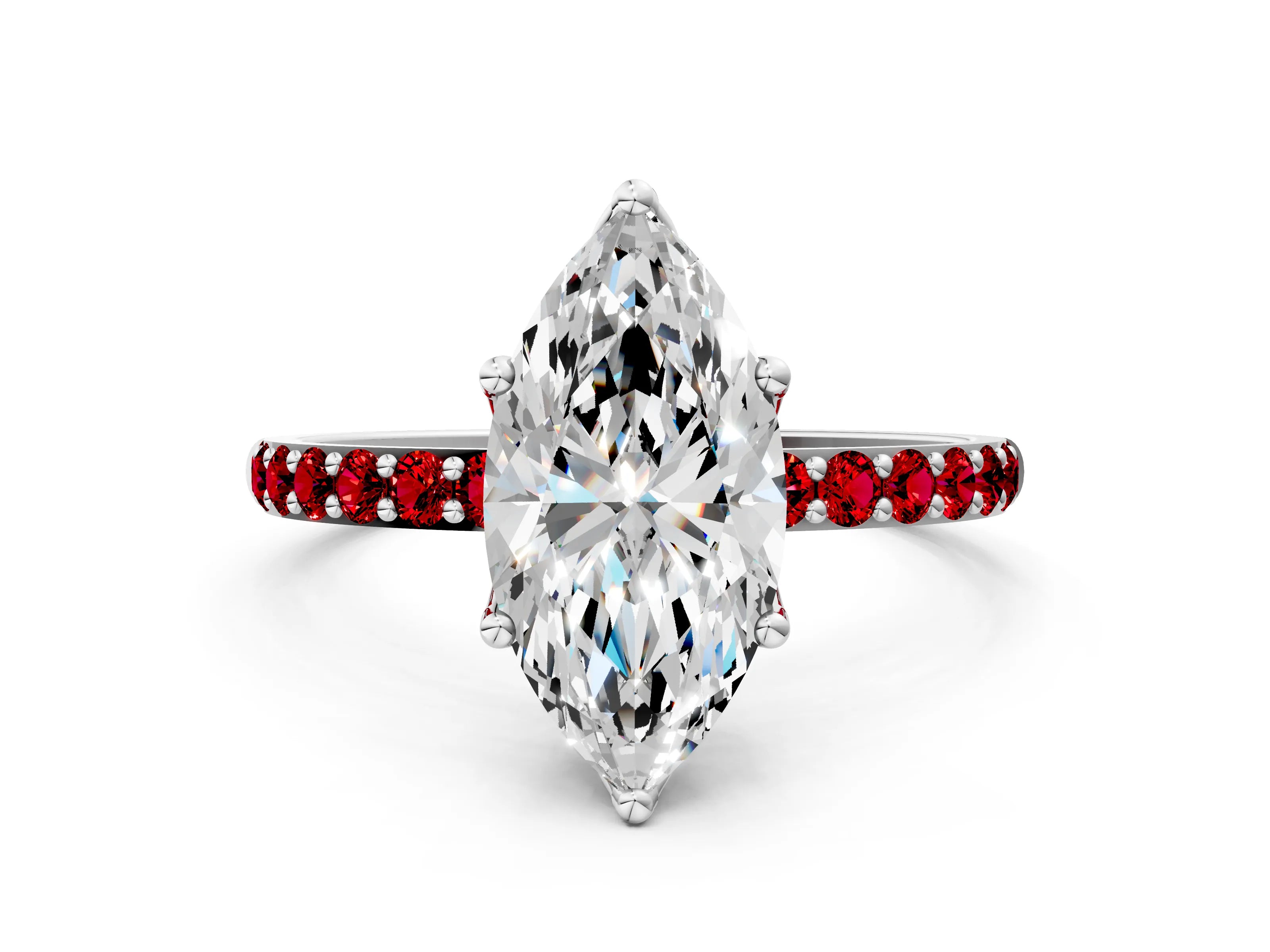 White gold Marquise Cut Diamond Solitaire Engagement Ring with Round with Ruby side stone Pavé Band and Prong Setting_12