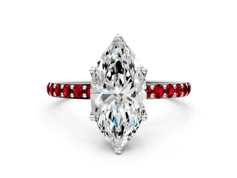 White gold Marquise Cut Diamond Solitaire Engagement Ring with Round with Ruby side stone Pavé Band and Prong Setting_12
