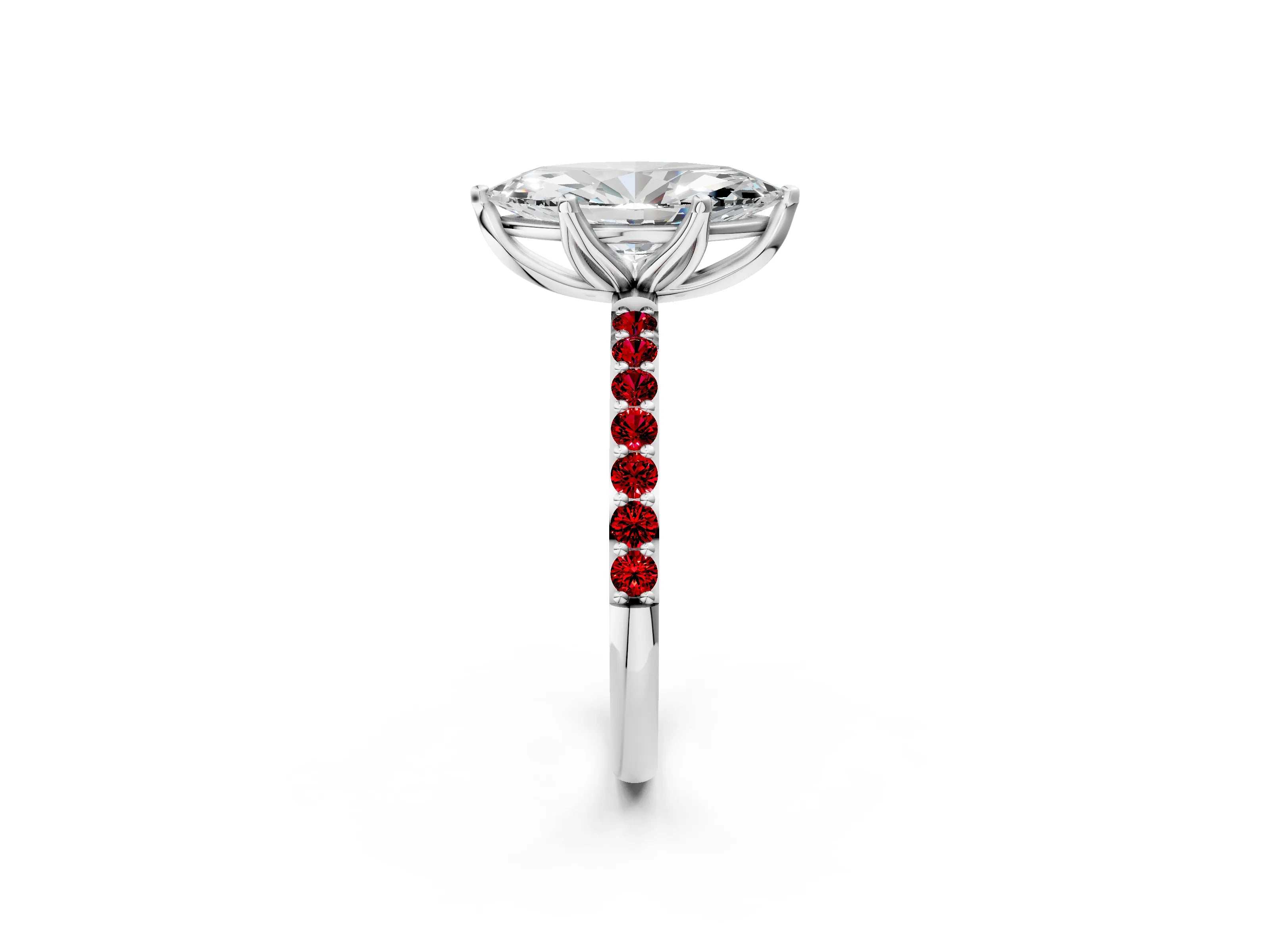White gold Marquise Cut Diamond Solitaire Engagement Ring with Round with Ruby side stone Pavé Band and Prong Setting_14