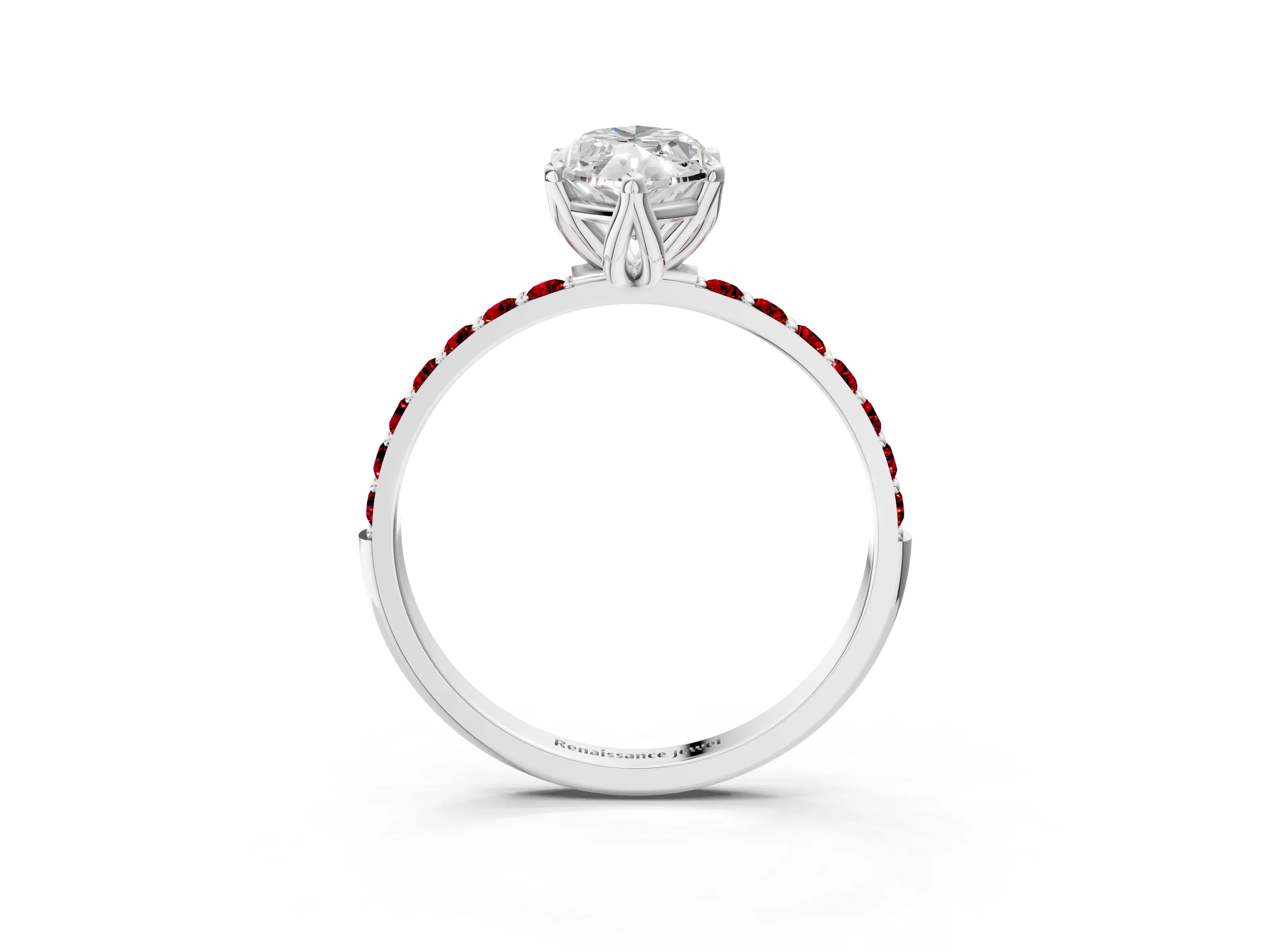 White gold Marquise Cut Diamond Solitaire Engagement Ring with Round with Ruby side stone Pavé Band and Prong Setting_15