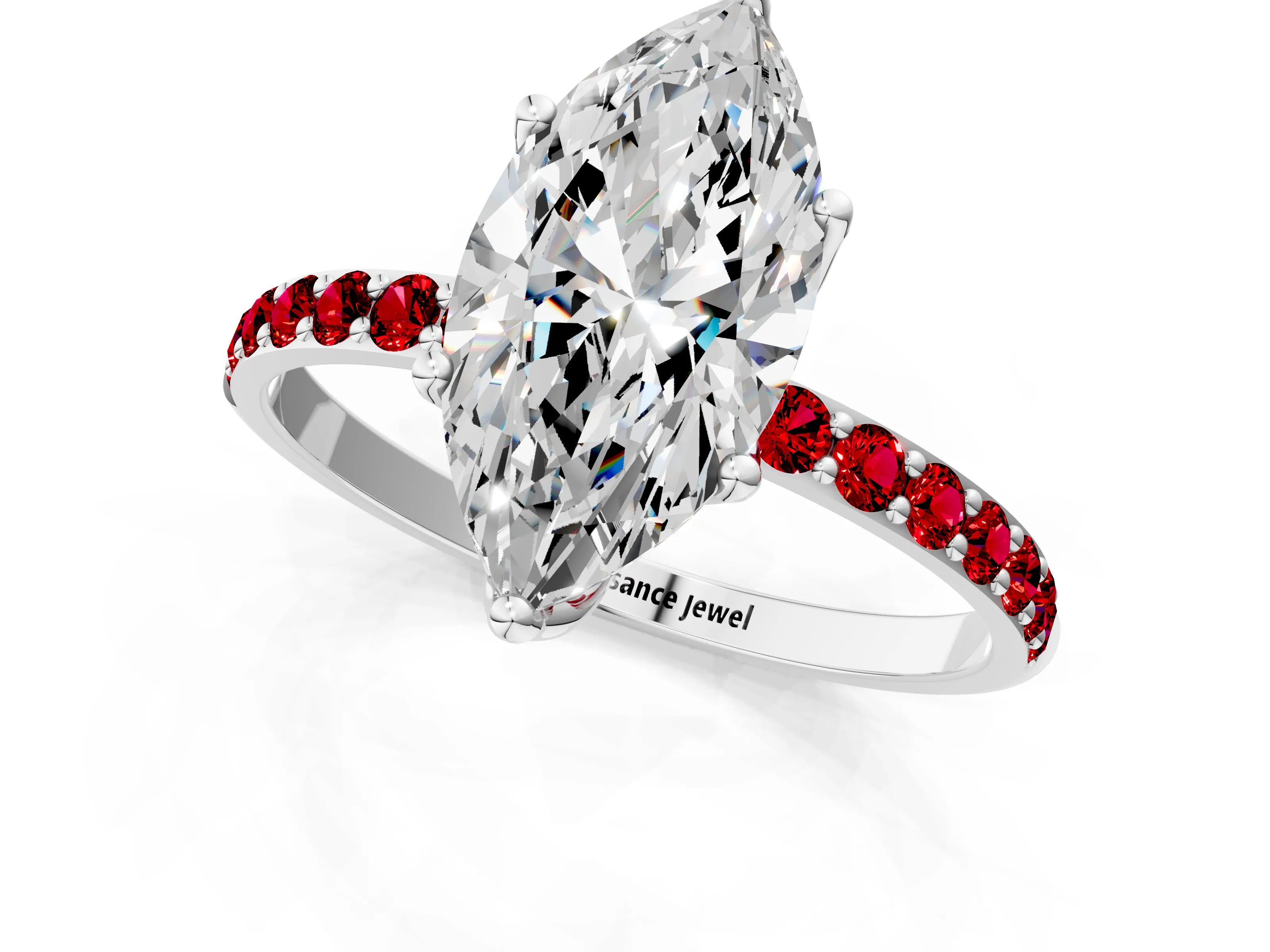 White gold Marquise Cut Diamond Solitaire Engagement Ring with Round with Ruby side stone Pavé Band and Prong Setting_25