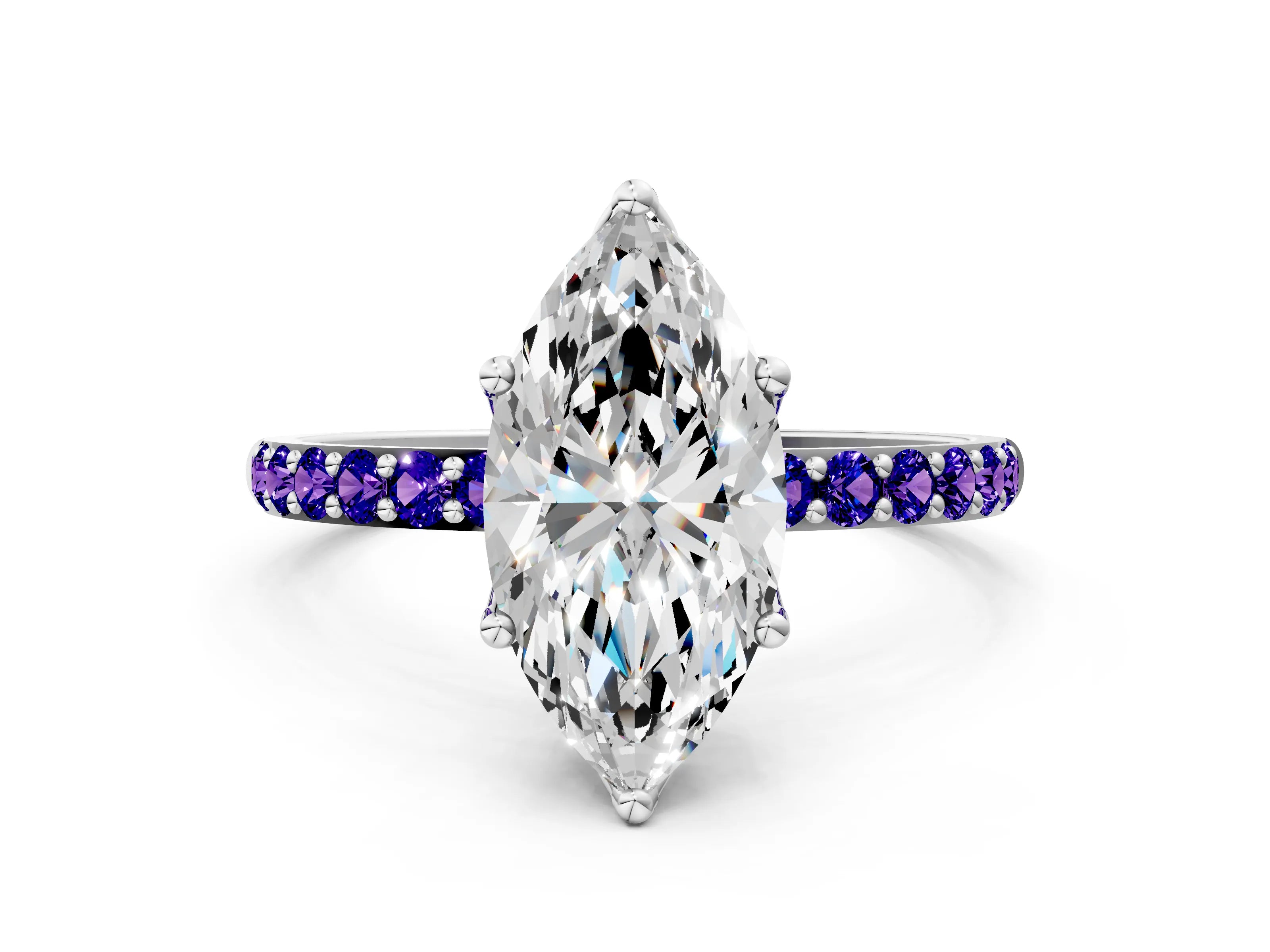 White gold Marquise Cut Diamond Solitaire Engagement Ring with Round with Tanzanite side stone Pavé Band and Prong Setting_12