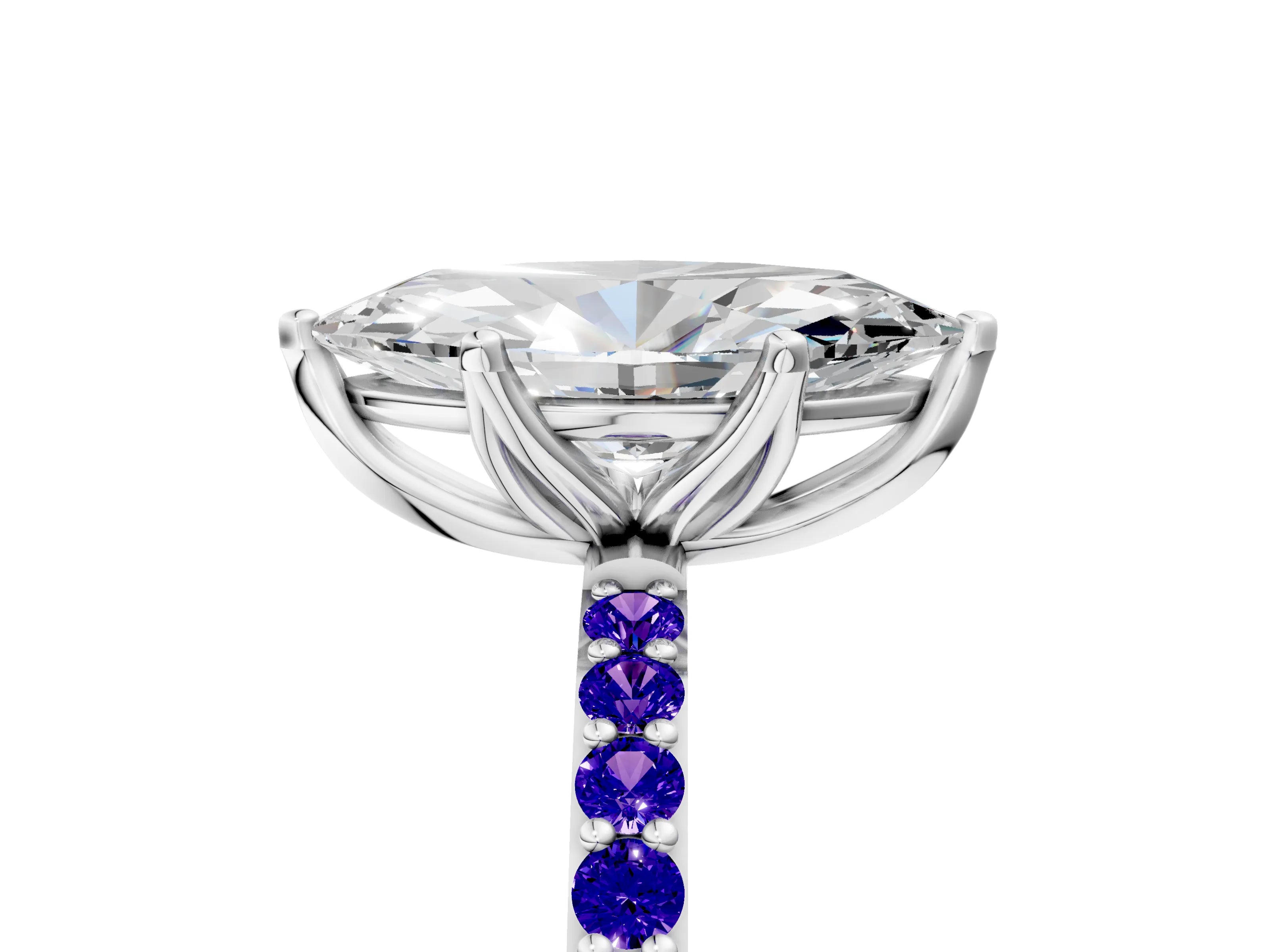 White gold Marquise Cut Diamond Solitaire Engagement Ring with Round with Tanzanite side stone Pavé Band and Prong Setting_17