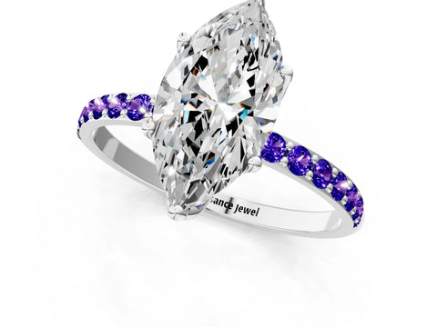 White gold Marquise Cut Diamond Solitaire Engagement Ring with Round with Tanzanite side stone Pavé Band and Prong Setting_1
