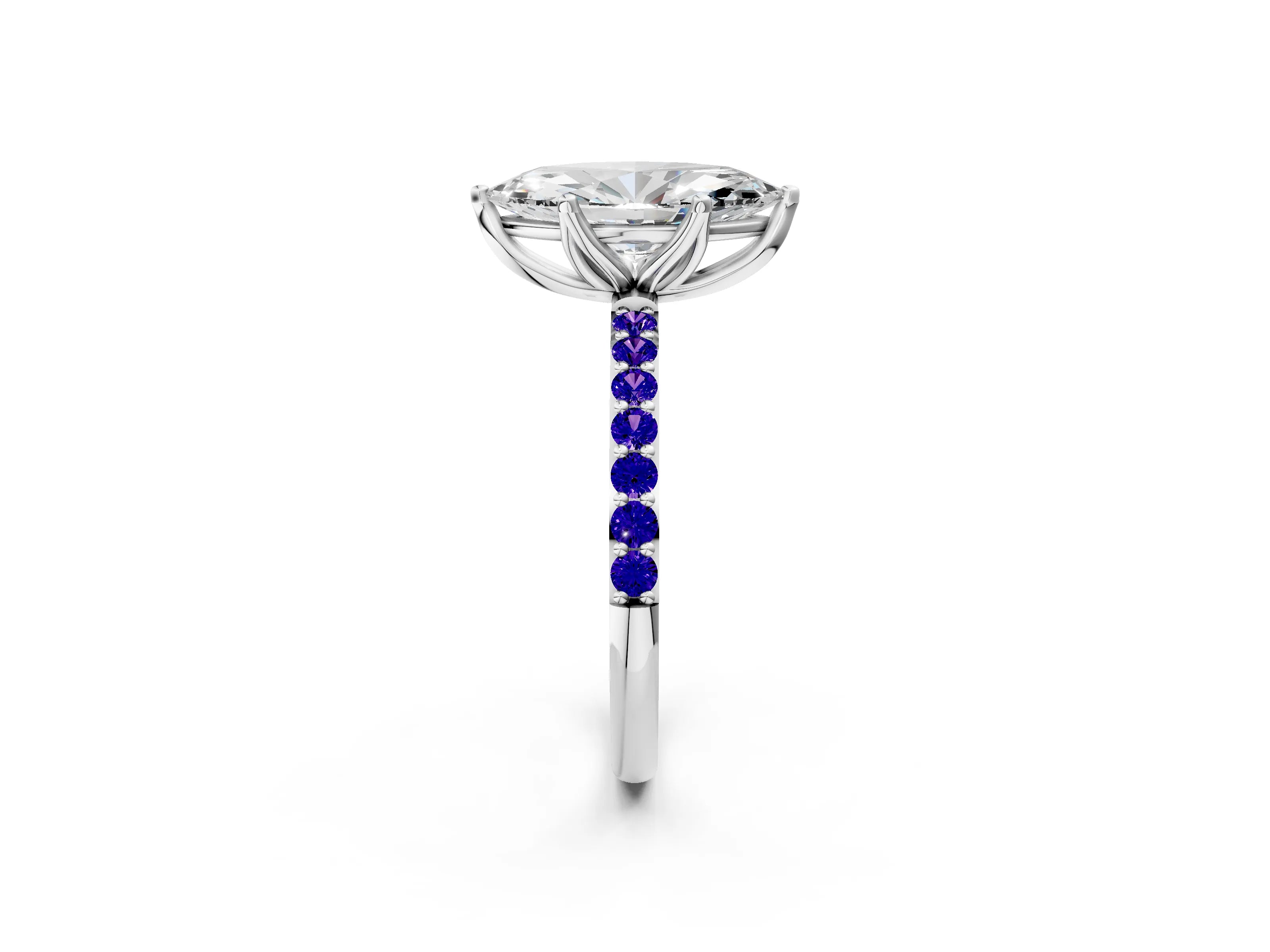 White gold Marquise Cut Diamond Solitaire Engagement Ring with Round with Tanzanite side stone Pavé Band and Prong Setting_2