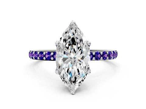 White gold Marquise Cut Diamond Solitaire Engagement Ring with Round with Tanzanite side stone Pavé Band and Prong Setting