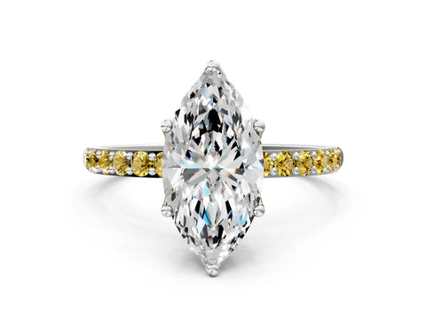 White gold Marquise Cut Diamond Solitaire Engagement Ring with Round with Yellow Sapphire side stone Pavé Band and Prong Setting_12