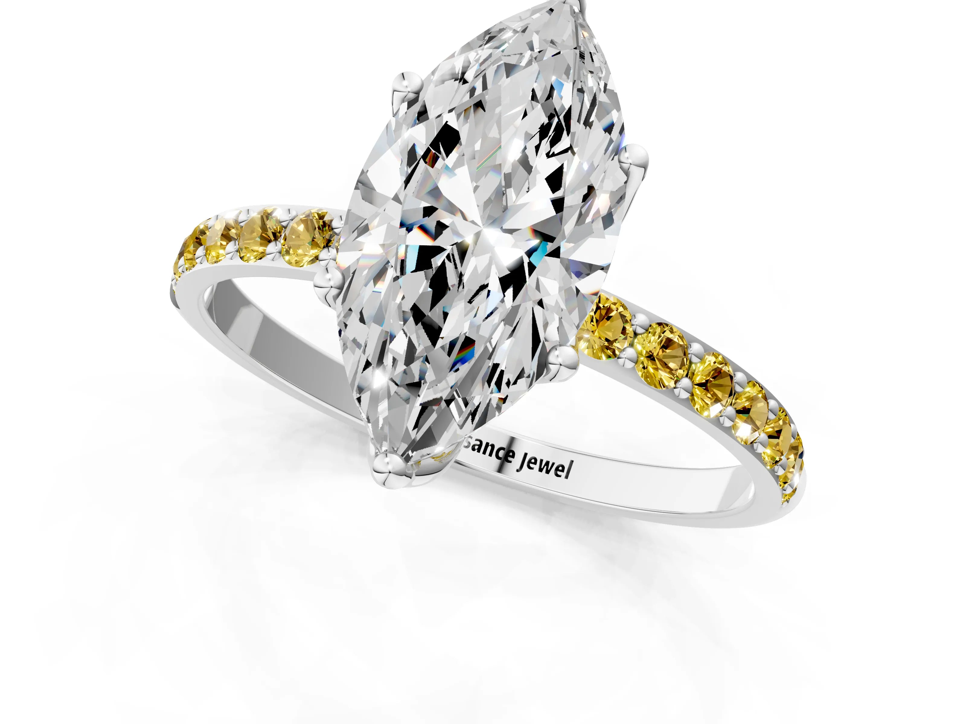 White gold Marquise Cut Diamond Solitaire Engagement Ring with Round with Yellow Sapphire side stone Pavé Band and Prong Setting_13