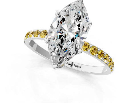 White gold Marquise Cut Diamond Solitaire Engagement Ring with Round with Yellow Sapphire side stone Pavé Band and Prong Setting_13