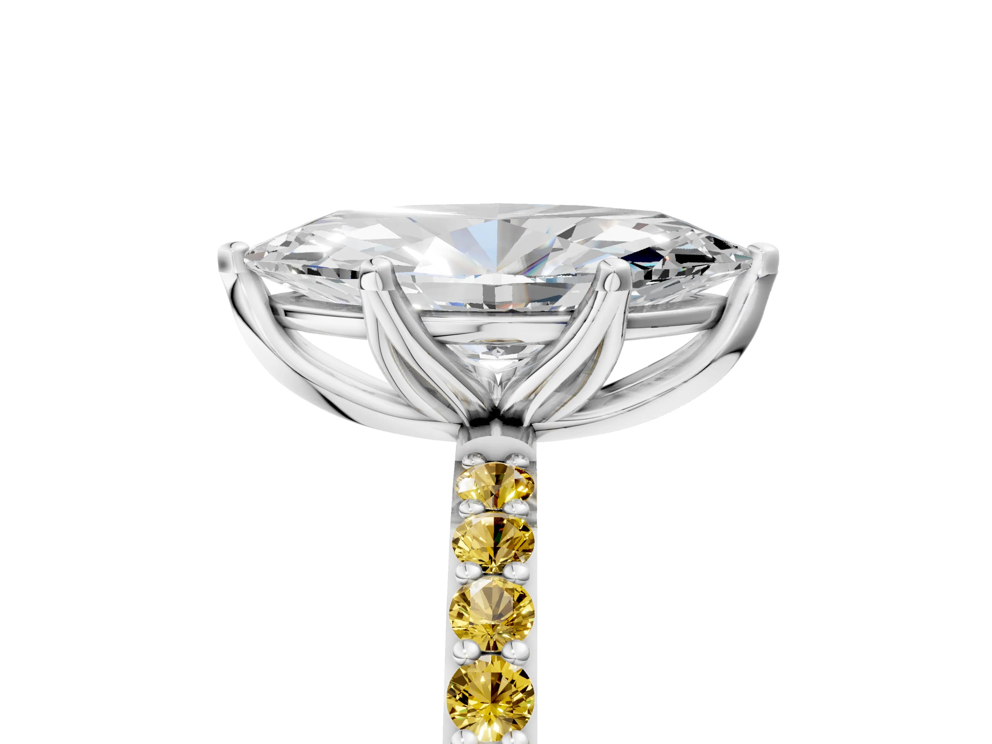 White gold Marquise Cut Diamond Solitaire Engagement Ring with Round with Yellow Sapphire side stone Pavé Band and Prong Setting_17