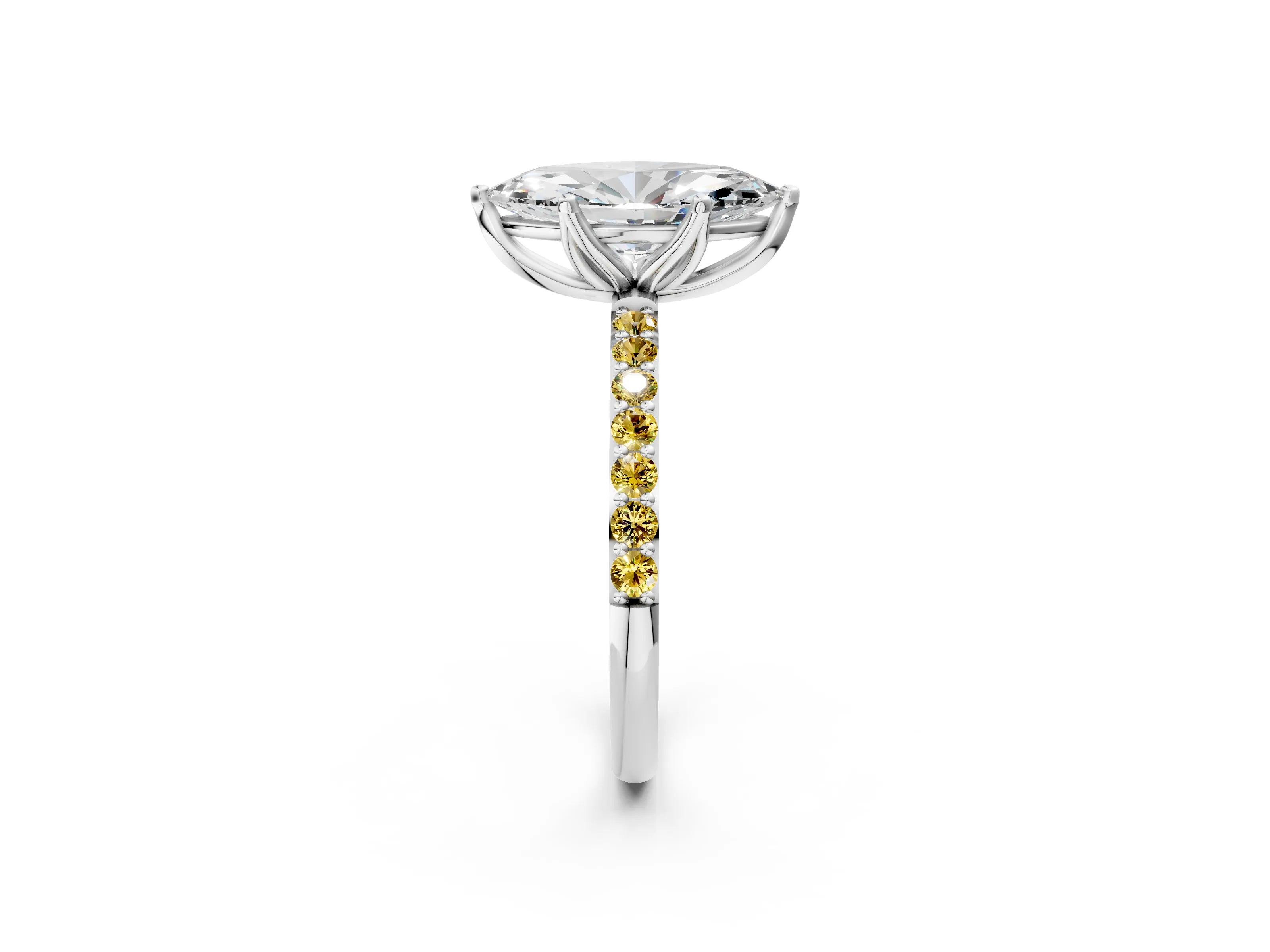 White gold Marquise Cut Diamond Solitaire Engagement Ring with Round with Yellow Sapphire side stone Pavé Band and Prong Setting_26