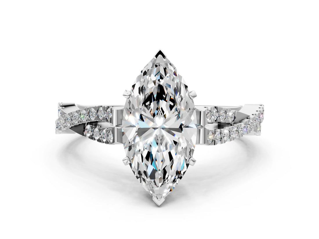 White gold Marquise Cut Diamond Solitaire Engagement Ring with Twisted Pavé Band and Four-Prong Setting_99