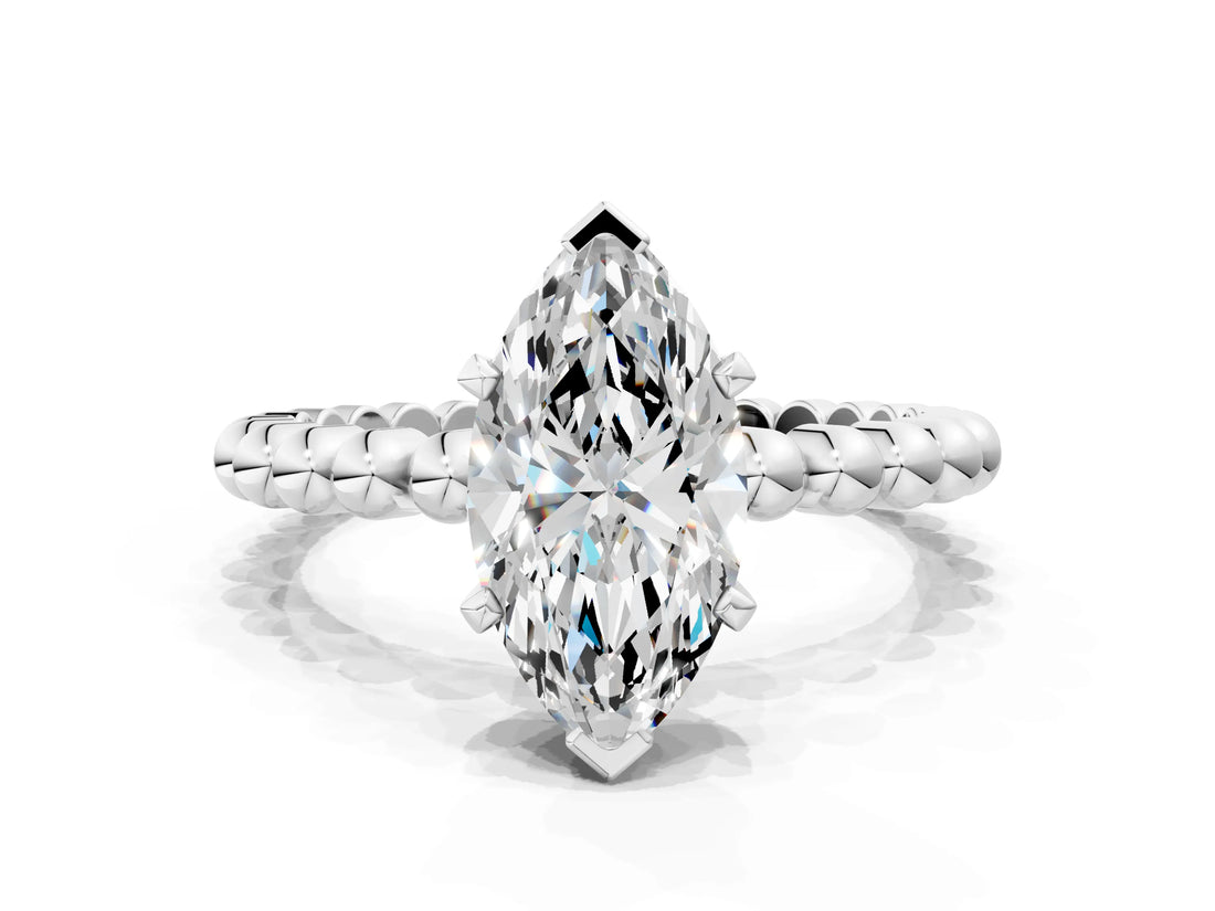 White gold Marquise Cut Diamond Solitaire Ring with Beaded Band and Prong Setting_319
