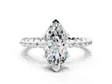 White gold Marquise Cut Diamond Solitaire Ring with Beaded Band and Prong Setting_319