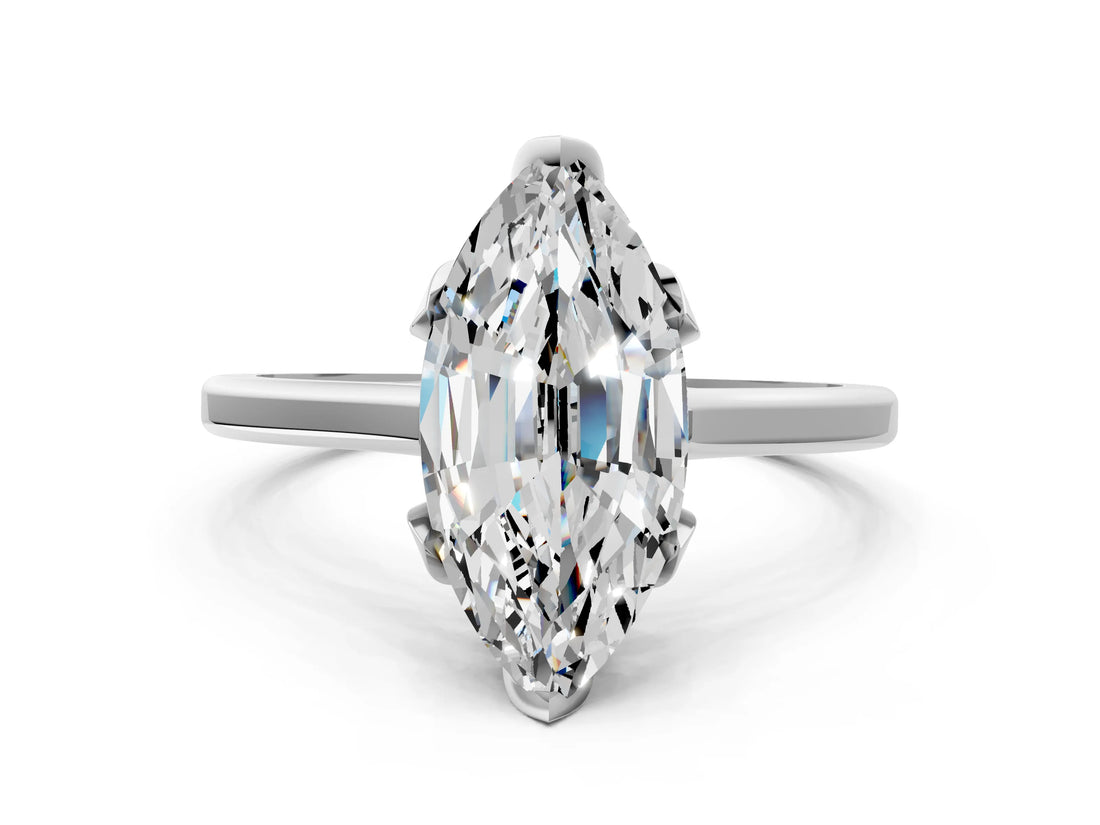 White gold Marquise Cut Diamond Solitaire Ring with Flower Prong Setting and Classic Band_324