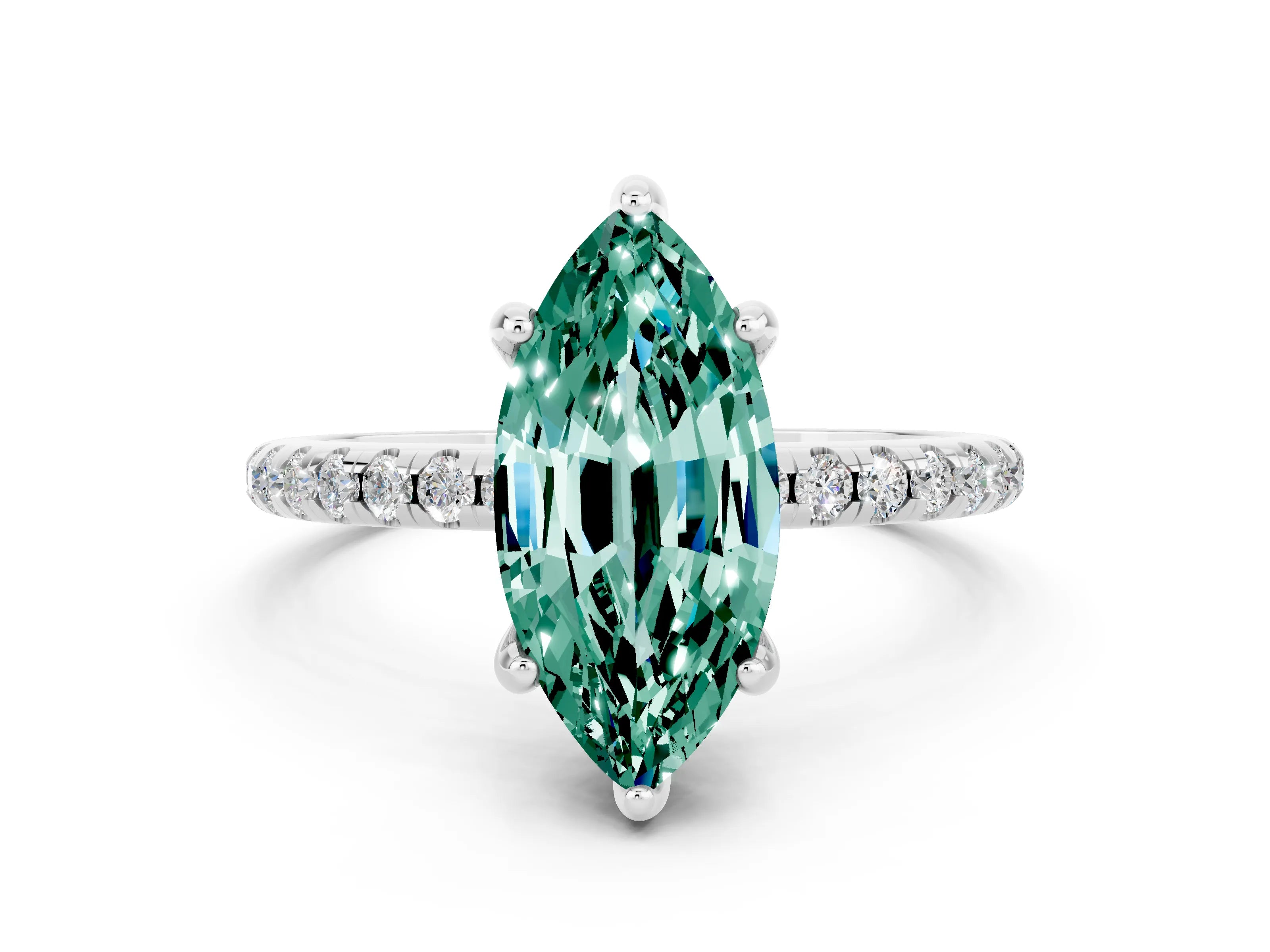 White gold Marquise Cut Diamond Solitaire Ring with Four-Prong Setting and Pavé Band