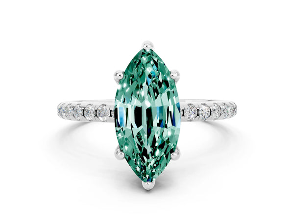 Platinum Marquise Cut Green Sapphire Hidden Halo Engagement Ring with Round Pavé Band and Prong Setting
