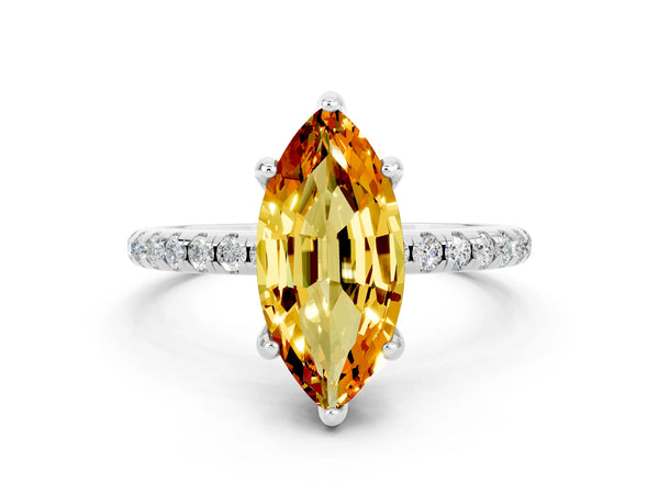 Silver Marquise Cut Citrine Hidden Halo Engagement Ring with Round Pavé Band and Prong Setting