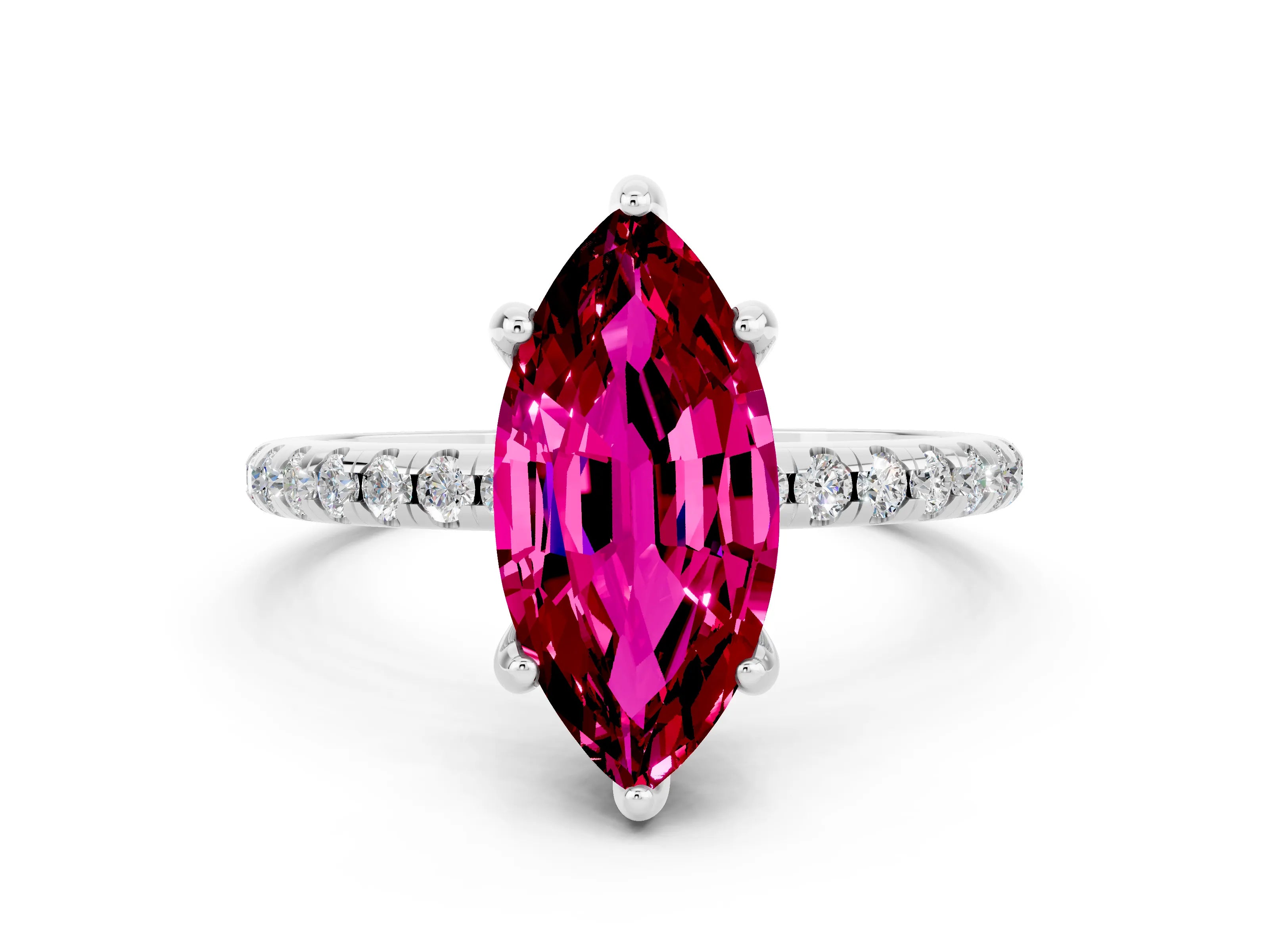 White gold Marquise Cut Diamond Solitaire Ring with Four-Prong Setting and Pavé Band