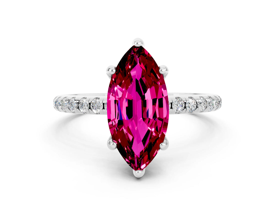 White gold Marquise Cut Diamond Solitaire Ring with Four-Prong Setting and Pavé Band