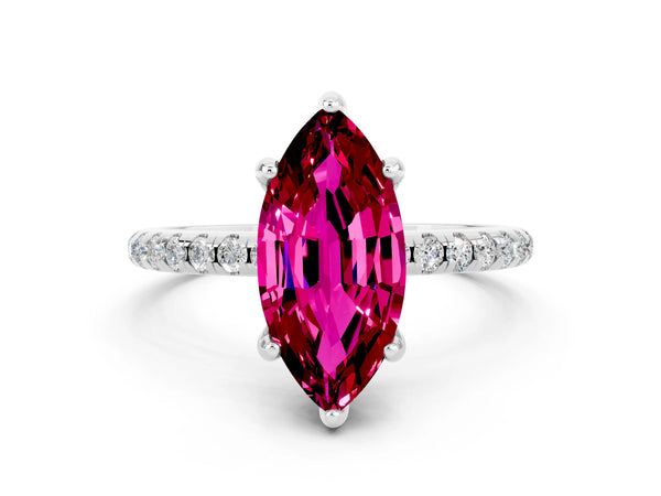 Silver Marquise Cut Garnet Hidden Halo Engagement Ring with Round Pavé Band and Prong Setting