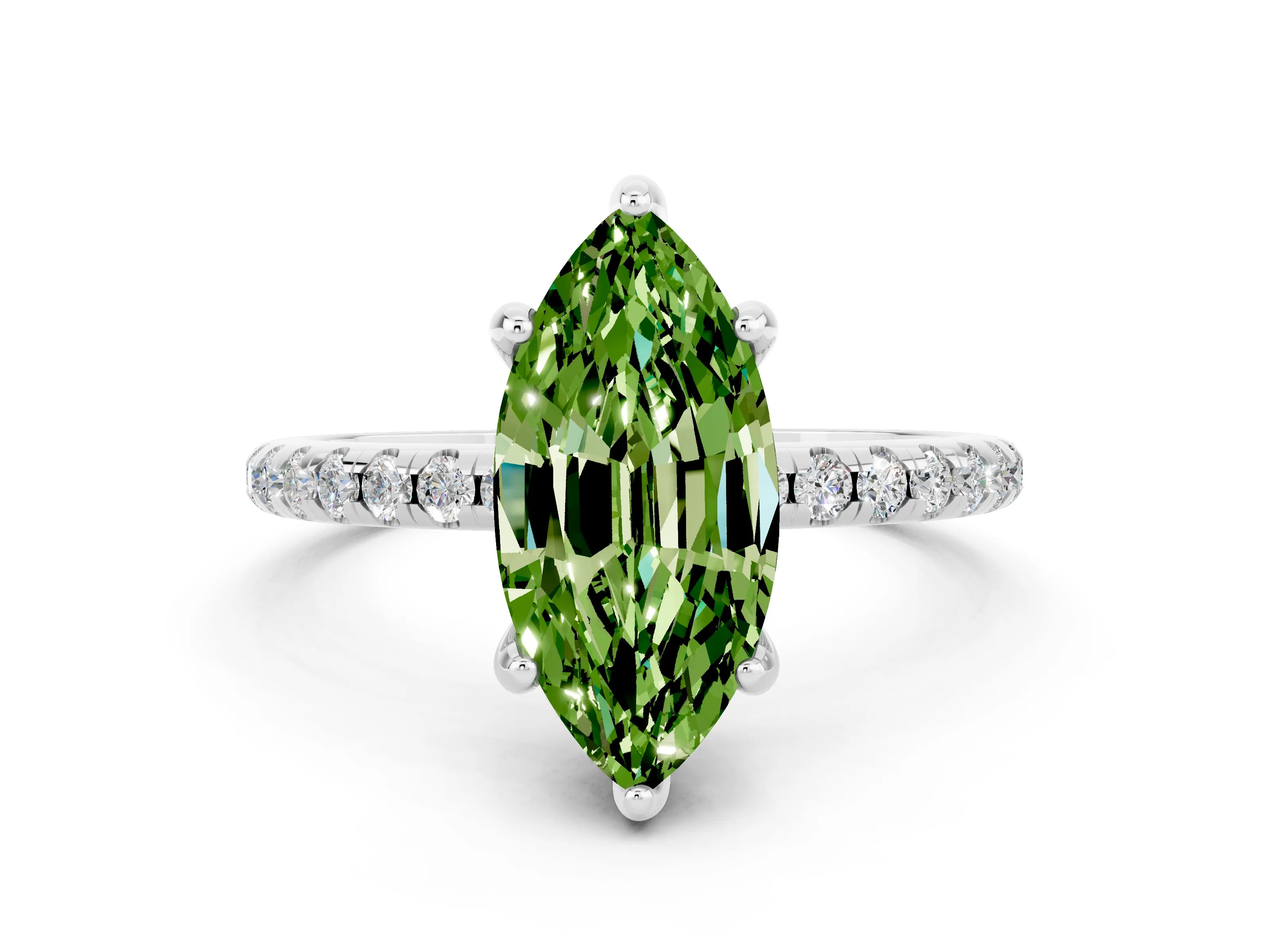 White gold Marquise Cut Diamond Solitaire Ring with Four-Prong Setting and Pavé Band