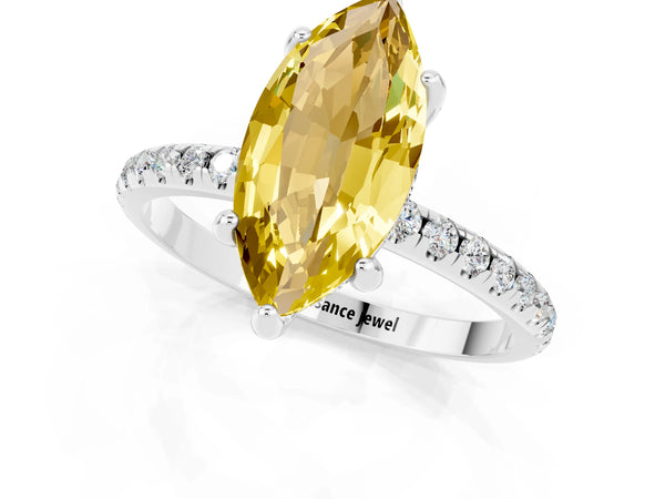 Platinum Marquise Cut Yellow Sapphire Hidden Halo Engagement Ring with Round Pavé Band and Prong Setting