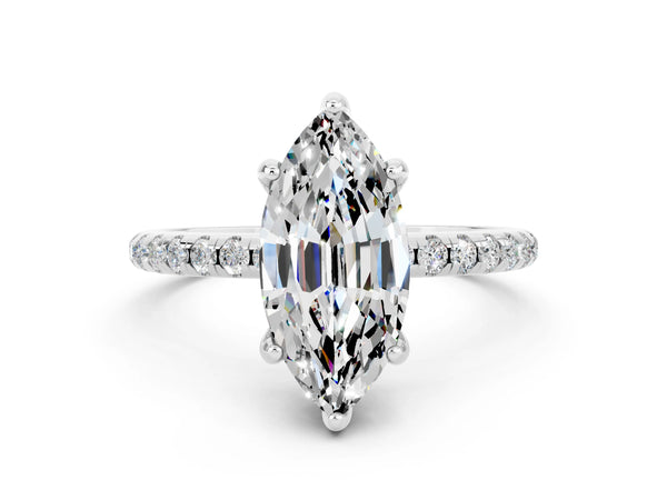 Platinum Marquise Cut Moissanite Hidden Halo Engagement Ring with Round Pavé Band and Prong Setting