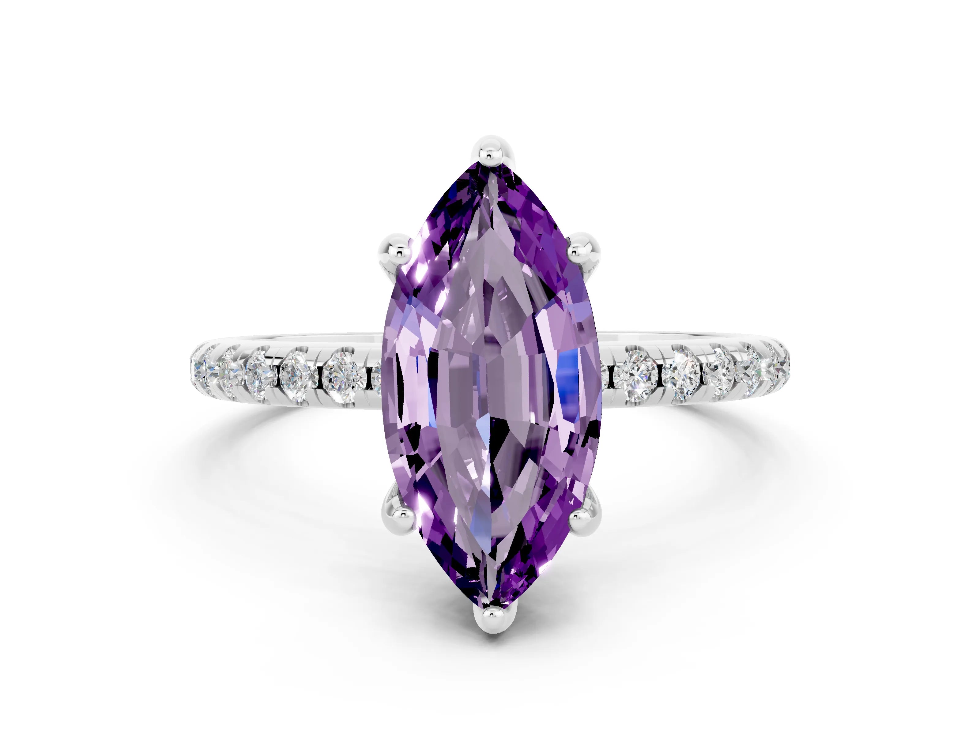 White gold Marquise Cut Diamond Solitaire Ring with Four-Prong Setting and Pavé Band