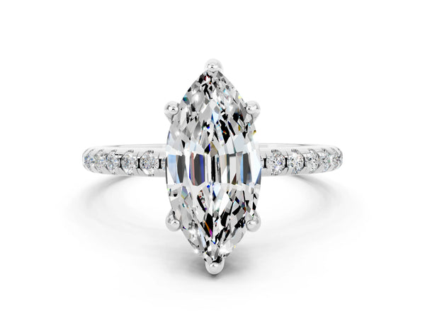 White gold Marquise Cut Moissanite Hidden Halo Engagement Ring with Round Pavé Band and Prong Setting
