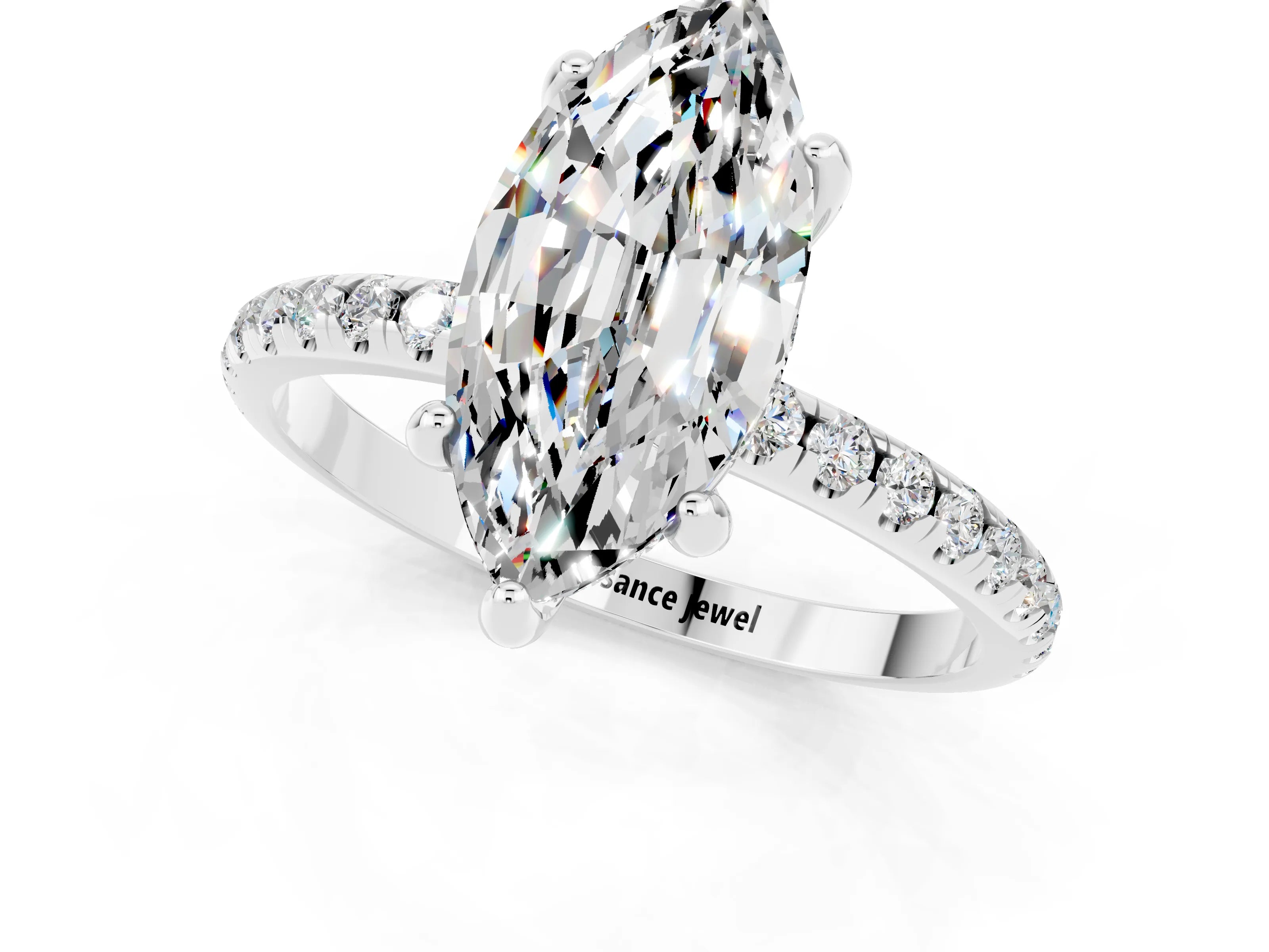 White gold Marquise Cut Diamond Solitaire Ring with Four-Prong Setting and Pavé Band_19