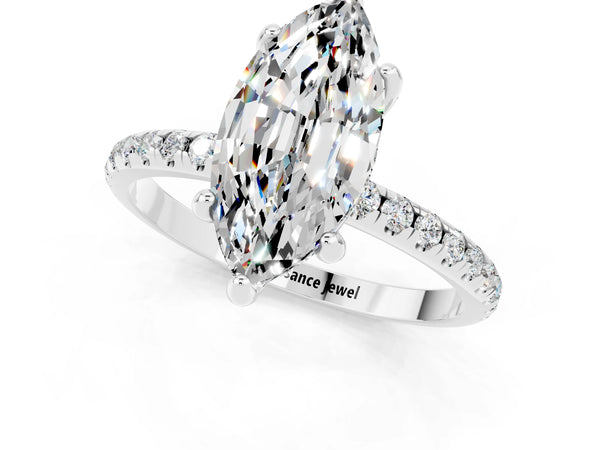 White gold Marquise Cut Moissanite Hidden Halo Engagement Ring with Round Pavé Band and Prong Setting