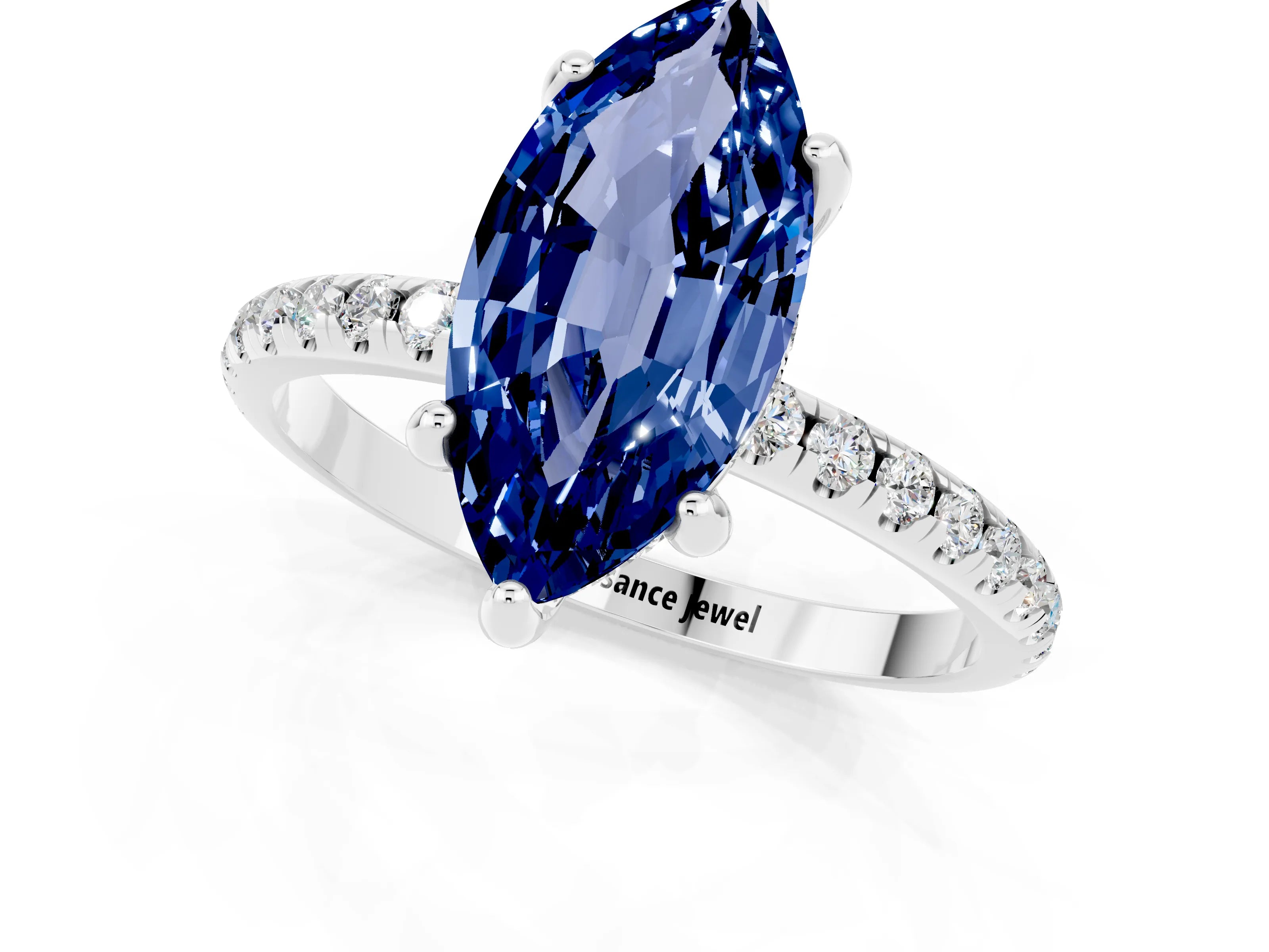 White gold Marquise Cut Diamond Solitaire Ring with Four-Prong Setting and Pavé Band_1