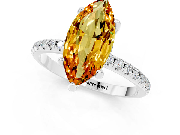 Silver Marquise Cut Citrine Hidden Halo Engagement Ring with Round Pavé Band and Prong Setting
