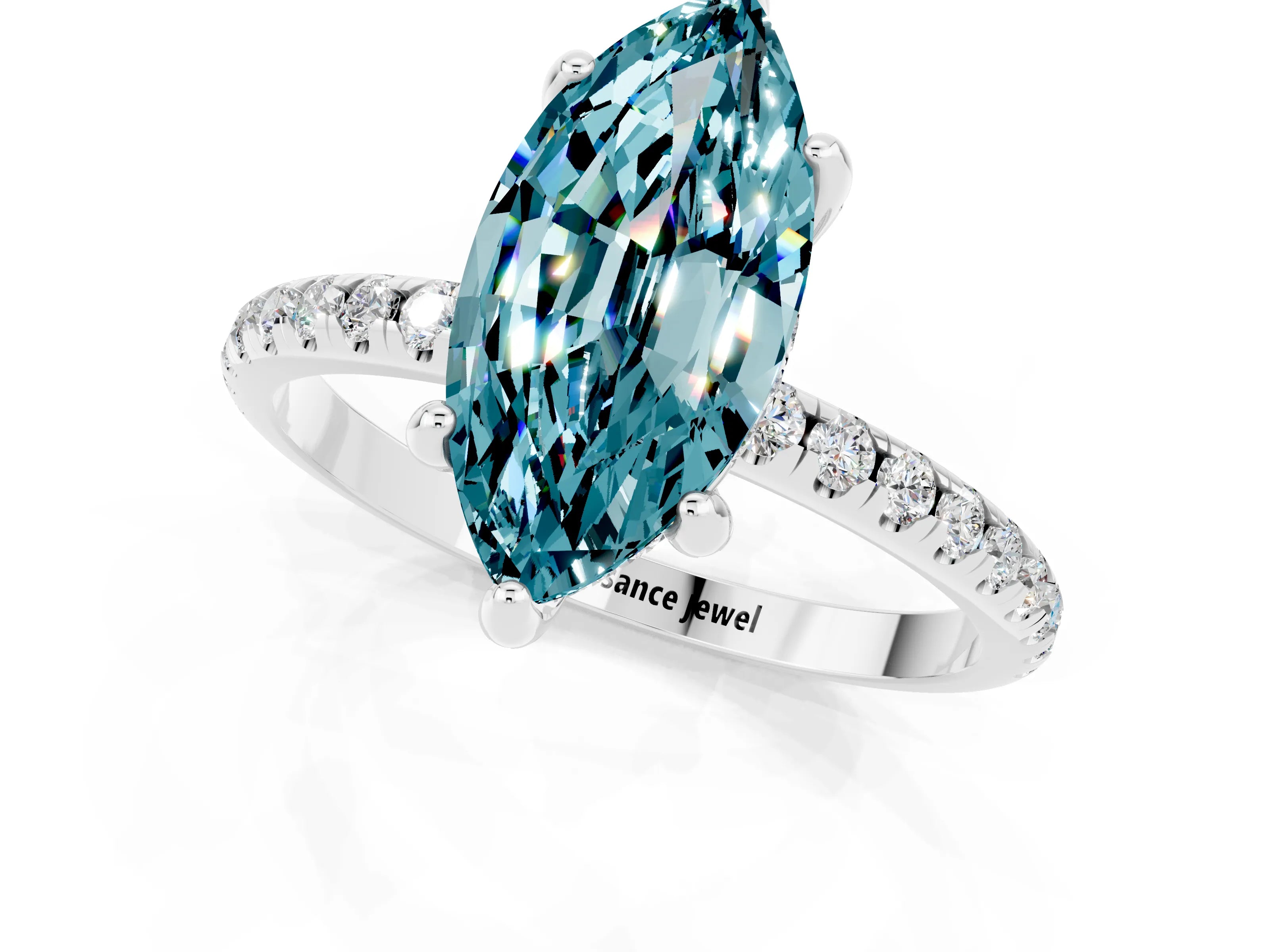 White gold Marquise Cut Diamond Solitaire Ring with Four-Prong Setting and Pavé Band_1