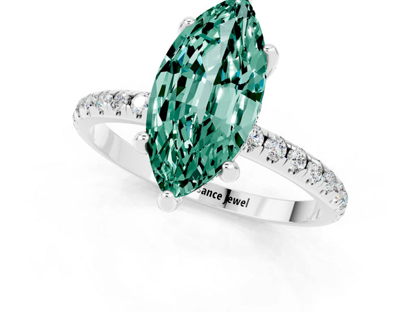 White gold Marquise Cut Green Sapphire Hidden Halo Engagement Ring with Round Pavé Band and Prong Setting