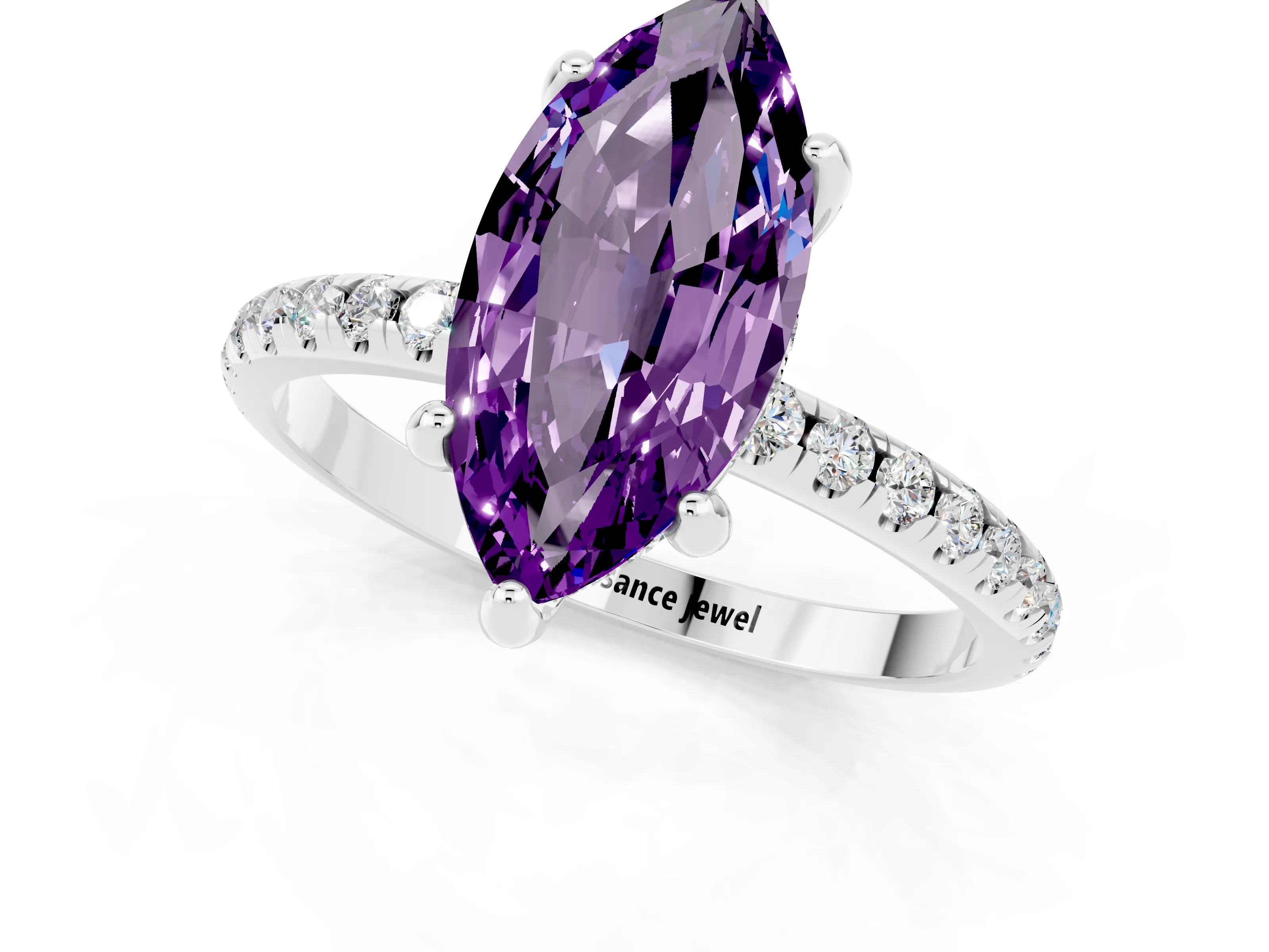 White gold Marquise Cut Diamond Solitaire Ring with Four-Prong Setting and Pavé Band_1