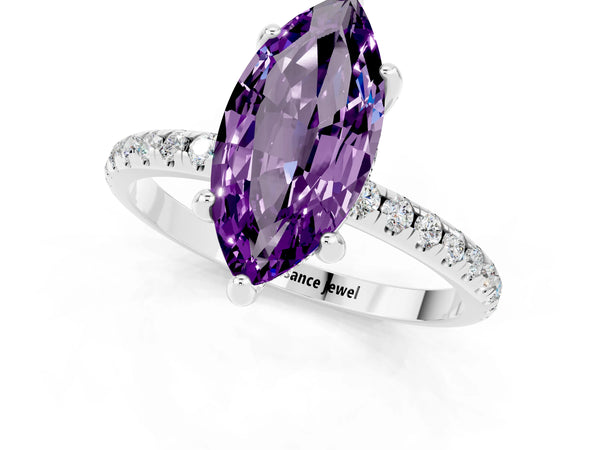 Silver Marquise Cut Amethyst Hidden Halo Engagement Ring with Round Pavé Band and Prong Setting