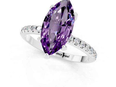 White gold Marquise Cut Diamond Solitaire Ring with Four-Prong Setting and Pavé Band_1