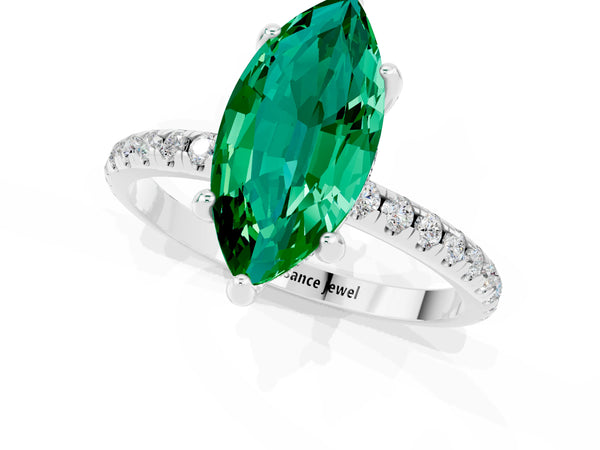 Silver Marquise Cut Emerald Hidden Halo Engagement Ring with Round Pavé Band and Prong Setting