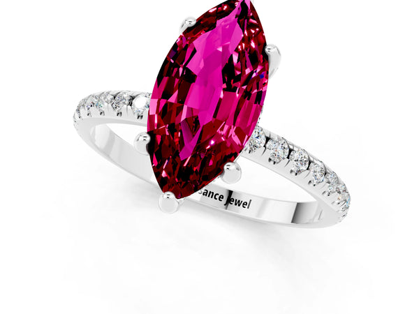 Platinum Marquise Cut Garnet Hidden Halo Engagement Ring with Round Pavé Band and Prong Setting