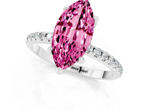 White gold Marquise Cut Diamond Solitaire Ring with Four-Prong Setting and Pavé Band_1
