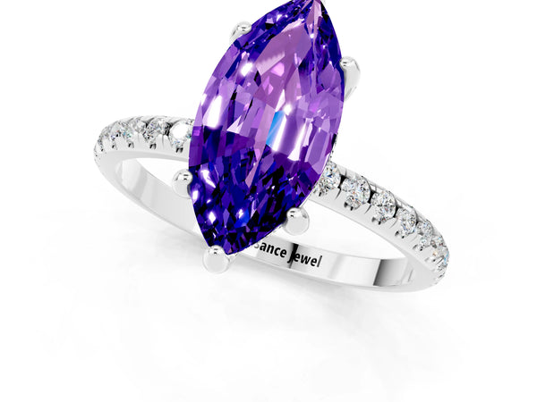 White gold Marquise Cut Tanzanite Hidden Halo Engagement Ring with Round Pavé Band and Prong Setting